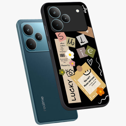 Lucky Aesthetic Collage Glass Case displayed in angled mockup highlighting stylish collage pattern with modern aesthetic vibe.