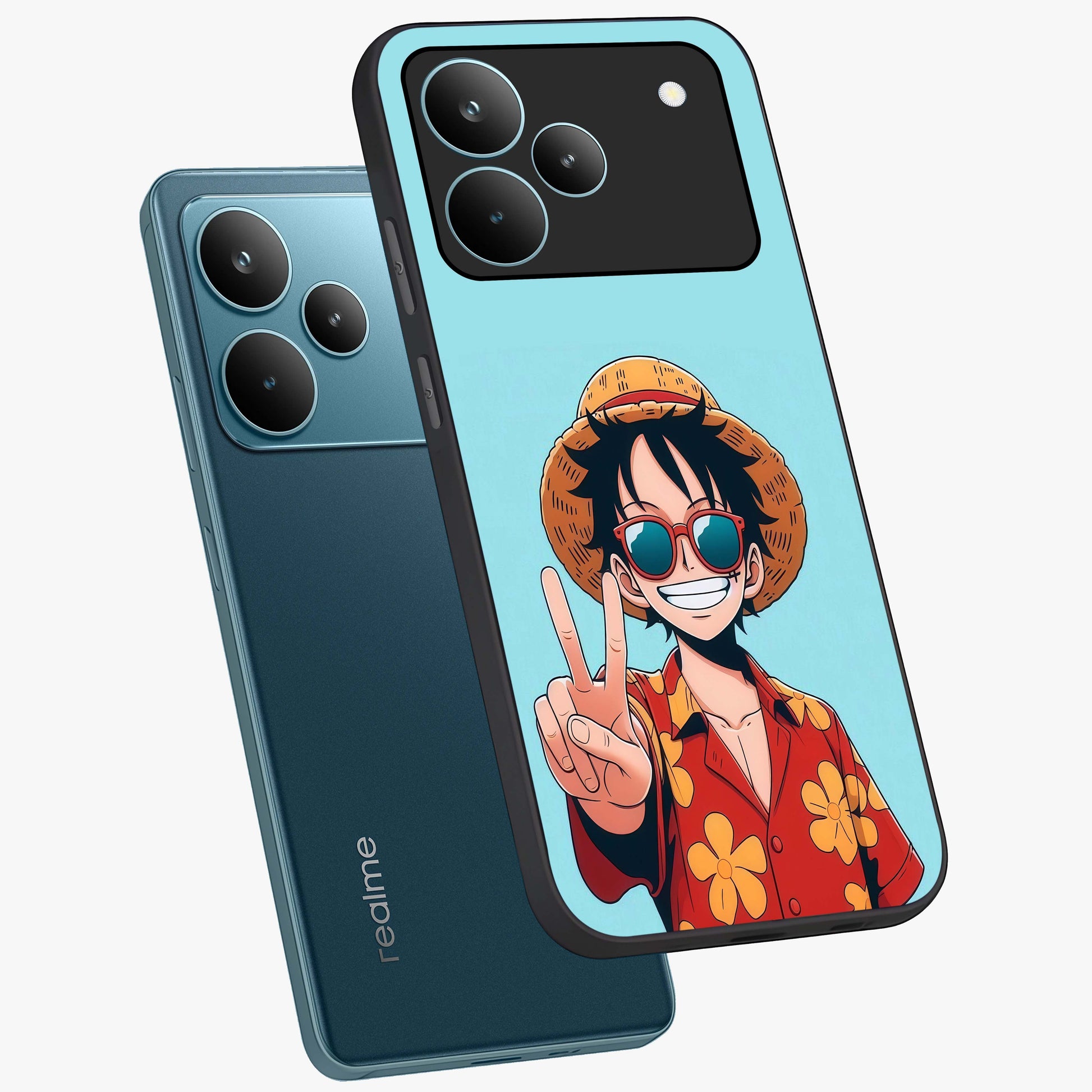 Luffy Summer Anime Vibe Glass Case displayed in angled mockup highlighting energetic anime illustration with summer vibe aesthetic.