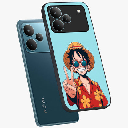 Luffy Summer Anime Vibe Glass Case displayed in angled mockup highlighting energetic anime illustration with summer vibe aesthetic.