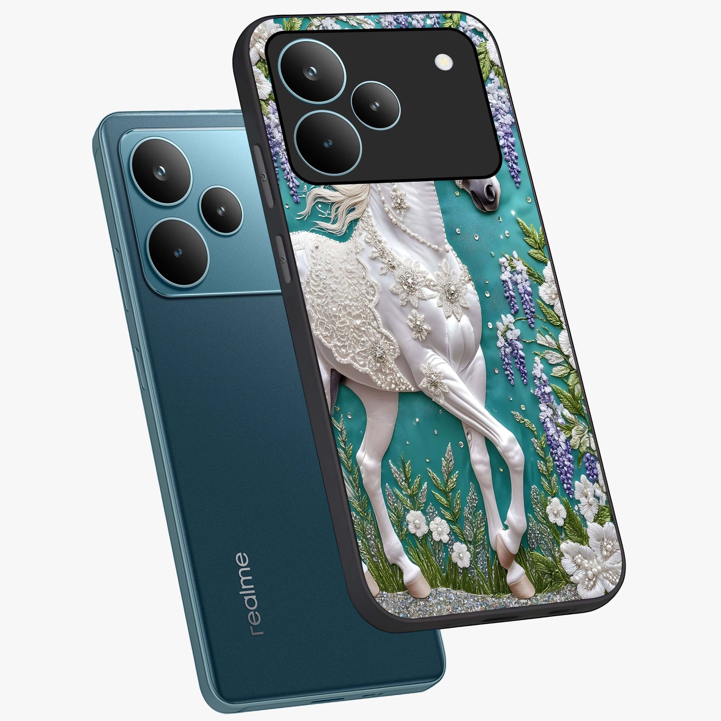 Majestic Floral Stallion Glass Case displayed in angled mockup highlighting majestic stallion illustration with elegant floral aesthetic.