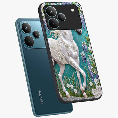 Majestic Floral Stallion Glass Case displayed in angled mockup highlighting majestic stallion illustration with elegant floral aesthetic.