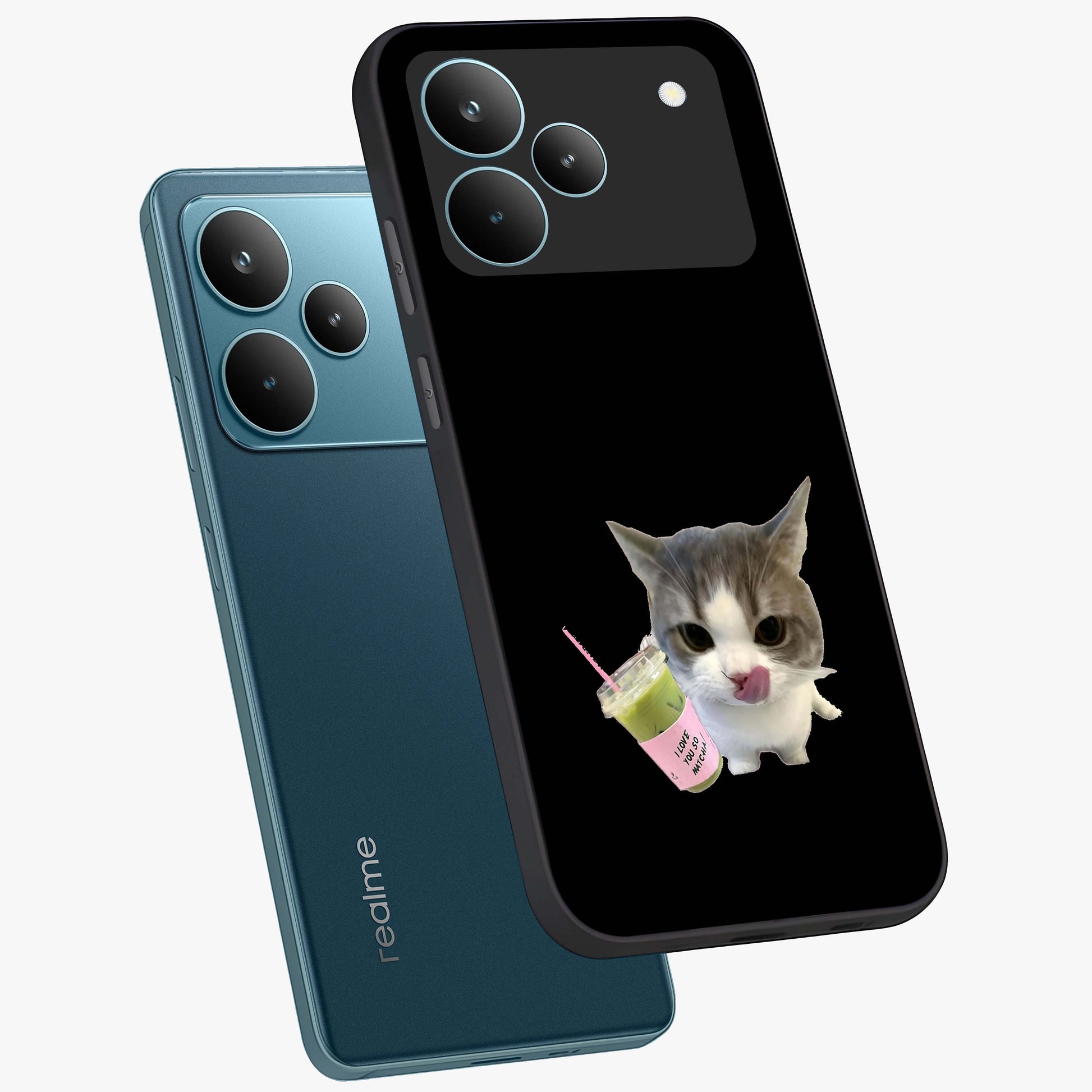 Matcha Cat Style Glass Case displayed in angled mockup highlighting playful feline design with pastel matcha aesthetic.