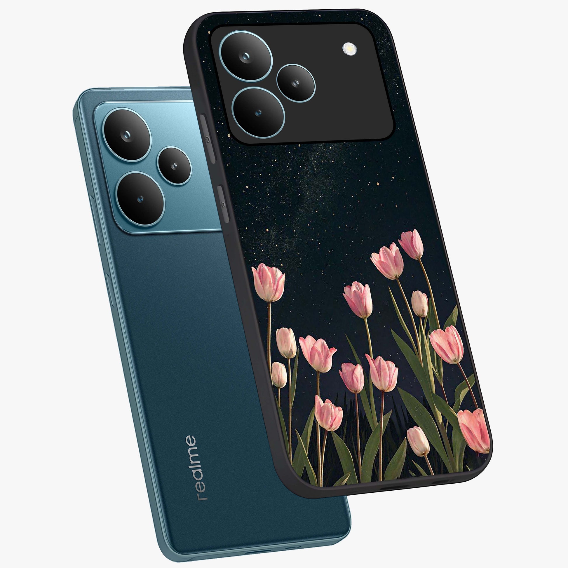 Midnight Tulip Whispers Vibe Glass Case displayed in angled mockup highlighting delicate tulip design with midnight floral aesthetic.