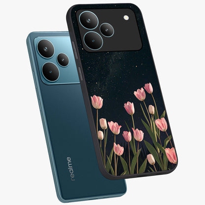 Midnight Tulip Whispers Vibe Glass Case displayed in angled mockup highlighting delicate tulip design with midnight floral aesthetic.