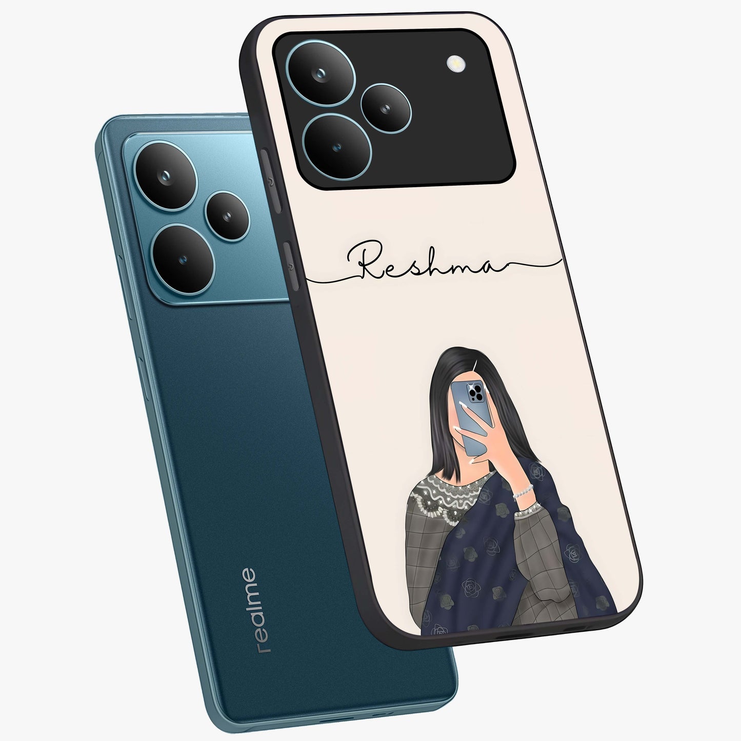 Mirror Mood Muse With Custom Name Glass Case displayed in angled mockup highlighting aesthetic mirror inspired design with custom name feature.