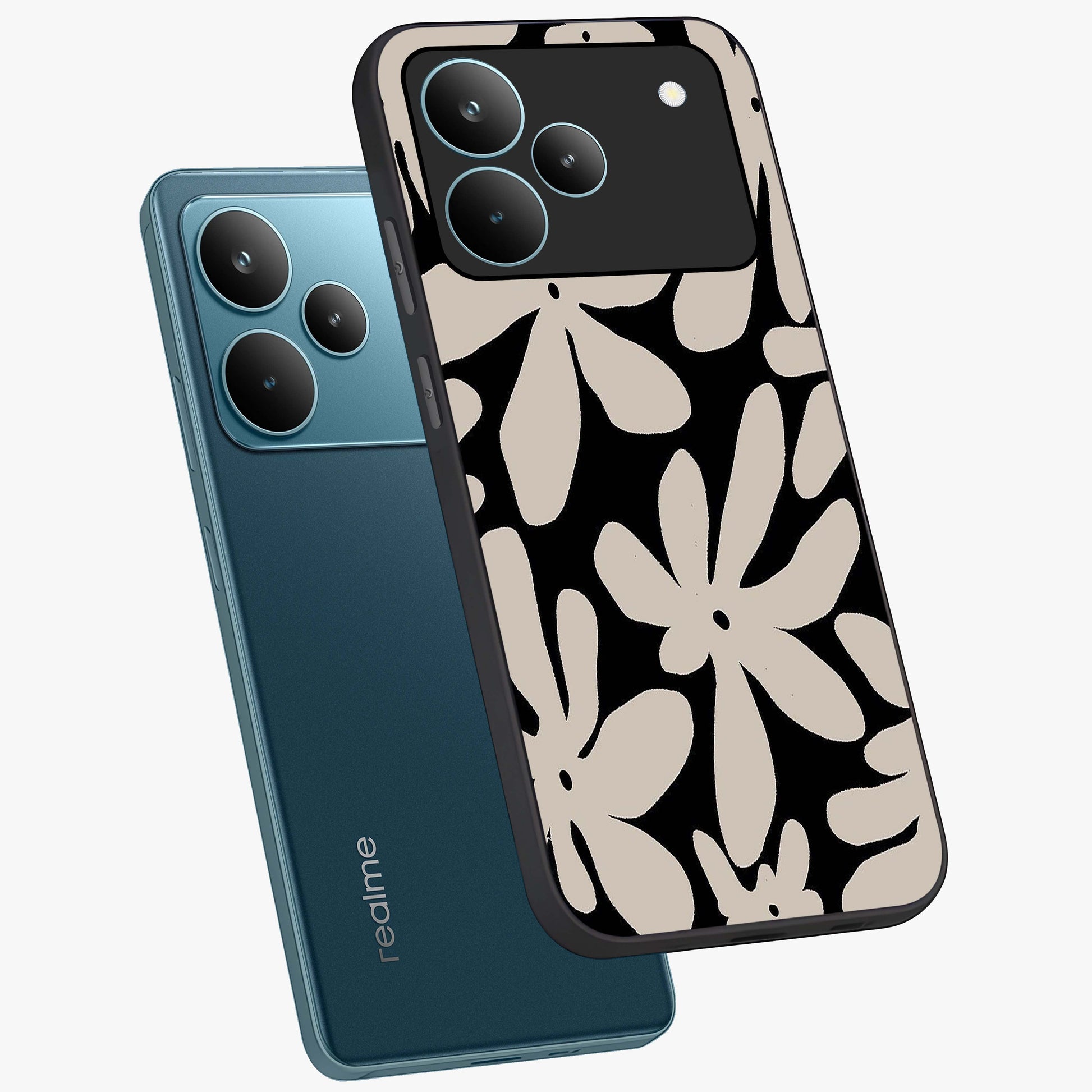 Monochrome Petal Dance Glass Case displayed in angled mockup highlighting elegant petal design with black and white aesthetic.