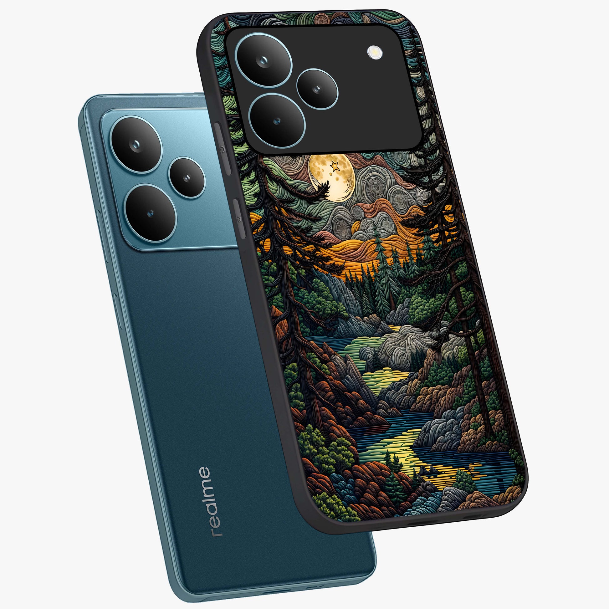 Moonlight Forest Dream Glass Case displayed in angled mockup highlighting dreamy forest design with glowing moon aesthetic.