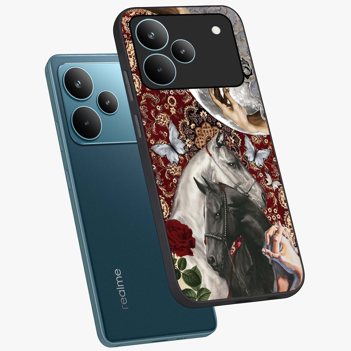 Moonlit Royal Stallion Glass Case displayed in angled mockup highlighting powerful stallion illustration with royal night aesthetic.