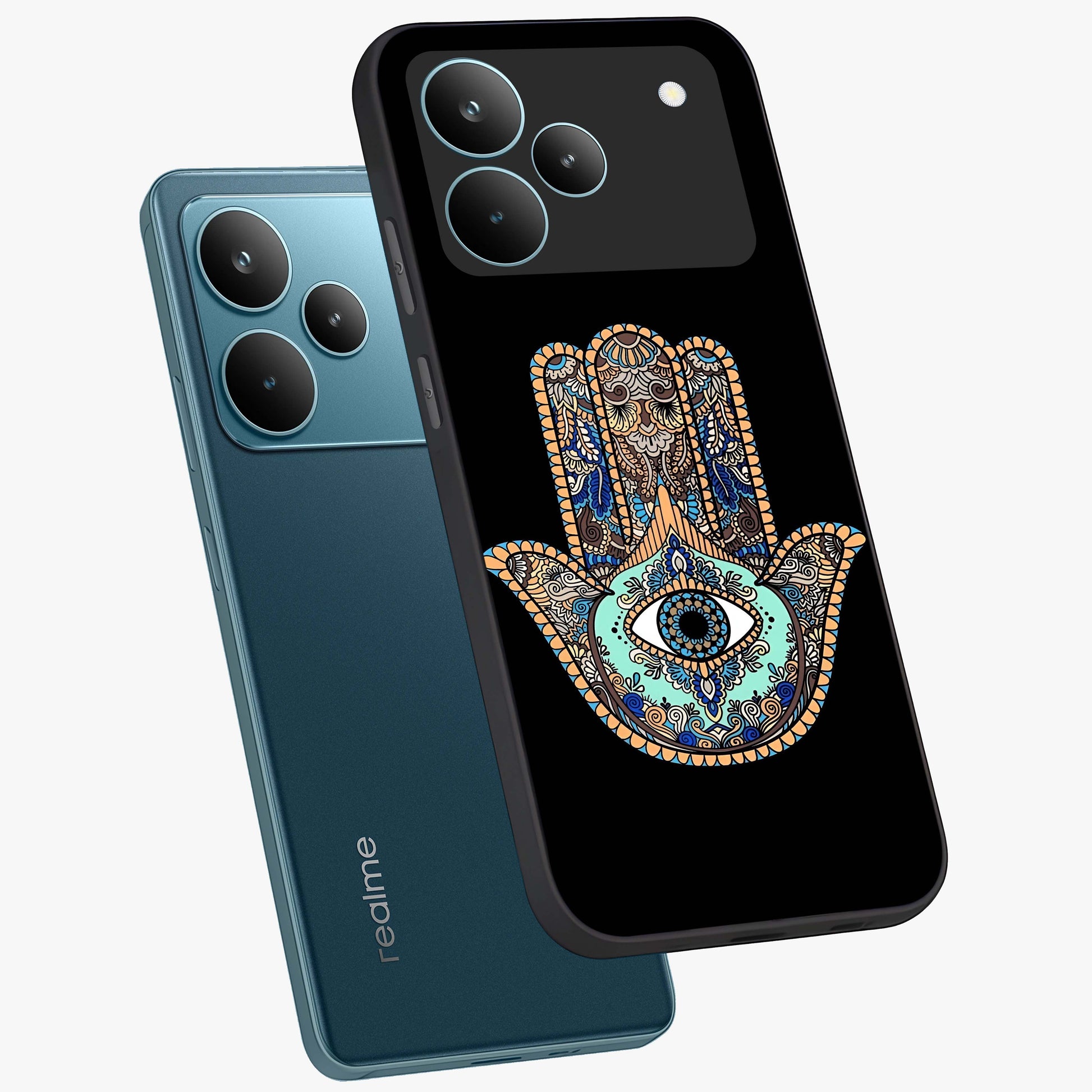 Mystic Hamsa Eye Glass Case displayed in angled mockup highlighting spiritual hamsa symbol with mystical aesthetic style.