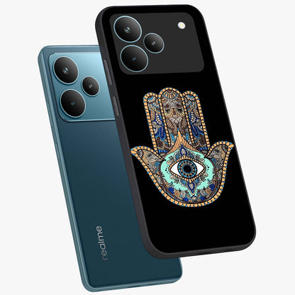 Mystic Hamsa Eye Glass Case displayed in angled mockup highlighting spiritual hamsa symbol with mystical aesthetic style.