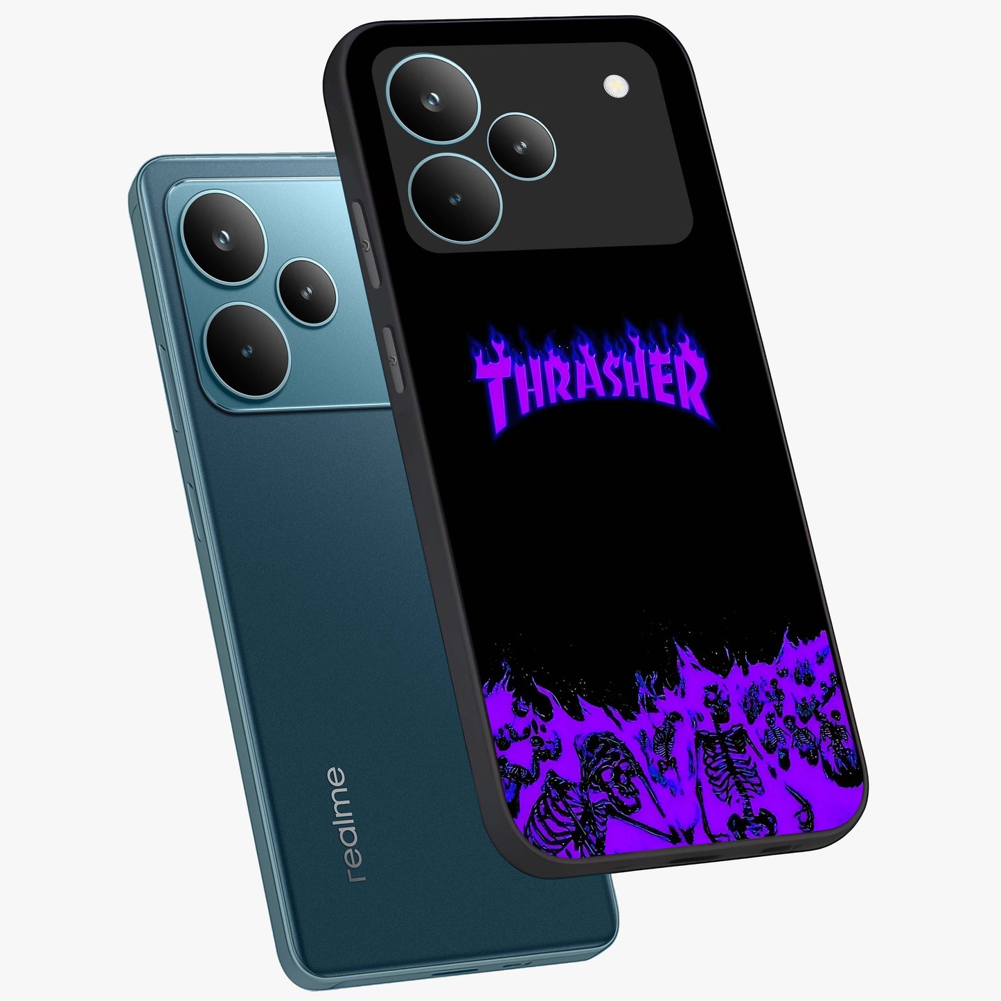 Neon Flame Riot Glass Case displayed in angled mockup highlighting glowing flame design with vibrant neon aesthetic.