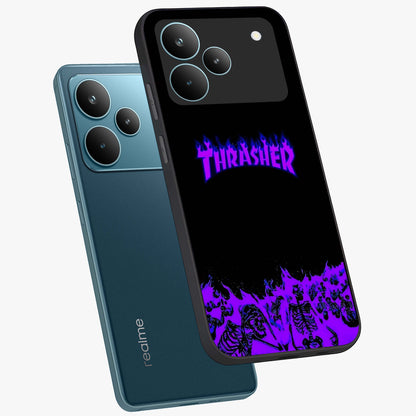 Neon Flame Riot Glass Case displayed in angled mockup highlighting glowing flame design with vibrant neon aesthetic.