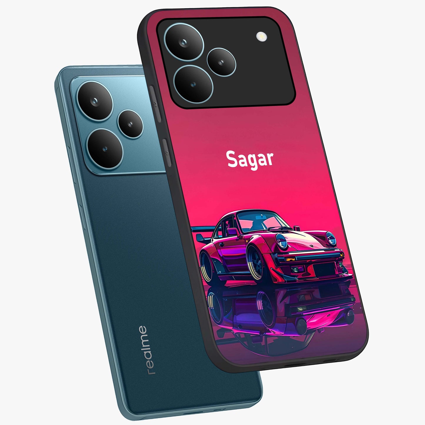 Neon Pink Porsche Glass Case displayed in angled mockup highlighting sleek neon pink car design with racing aesthetic.