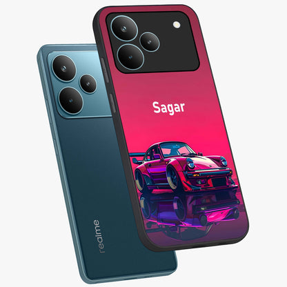 Neon Pink Porsche Glass Case displayed in angled mockup highlighting sleek neon pink car design with racing aesthetic.