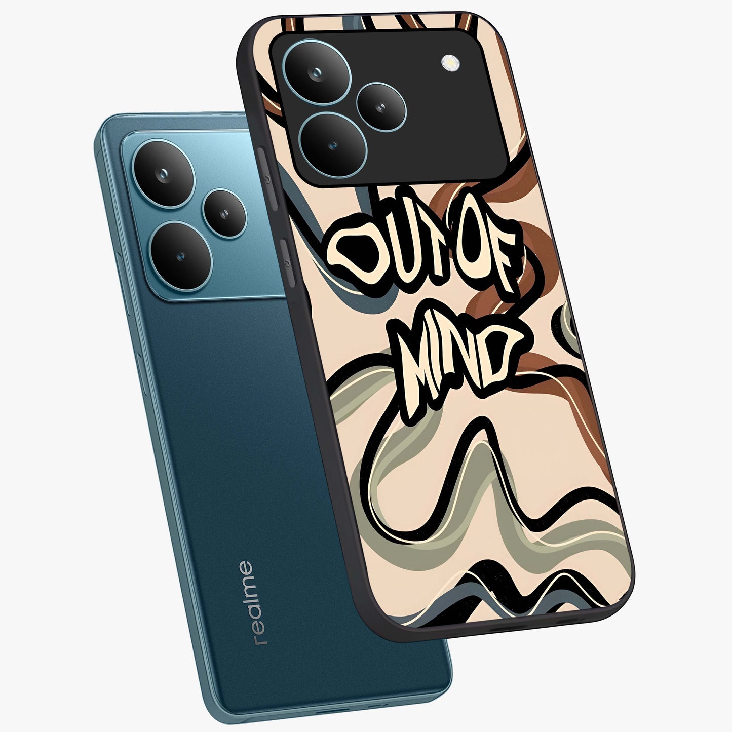 Out Of Mind Glass Case displayed in angled mockup highlighting bold statement design with modern artistic aesthetic.