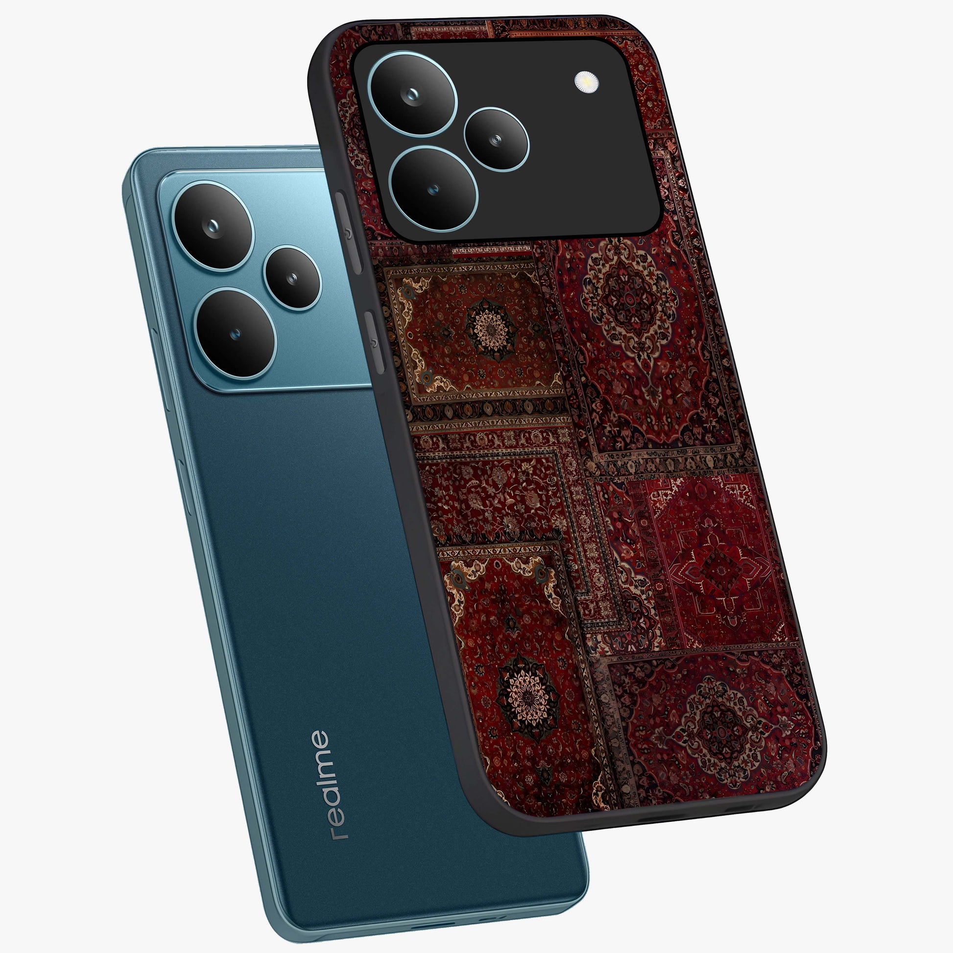 Persian Velvet Tale Glass Case displayed in angled mockup highlighting ornate textile inspired design with royal aesthetic.