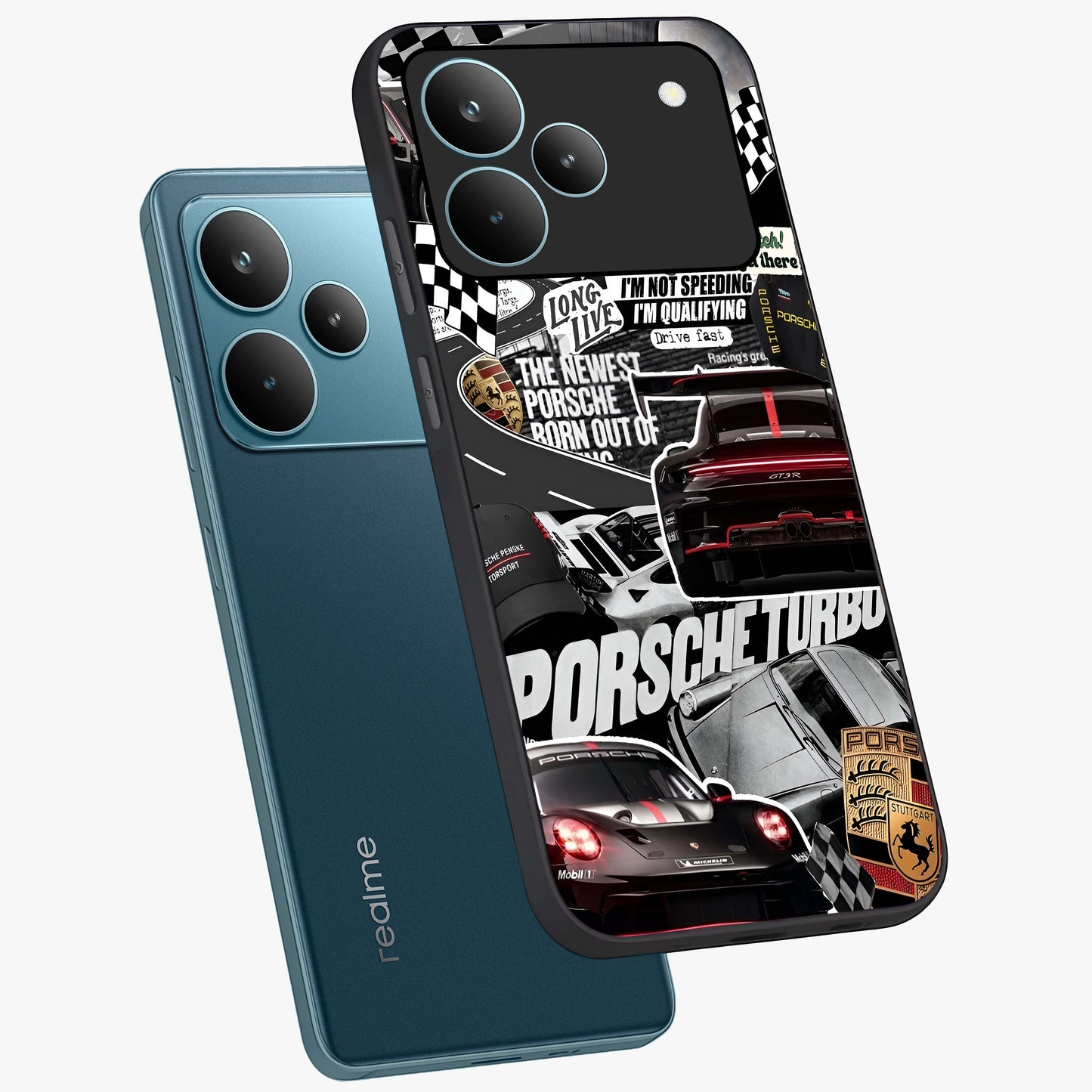 Porsche Racing Collage Glass Case displayed in angled mockup highlighting dynamic automotive design with bold racing aesthetic.