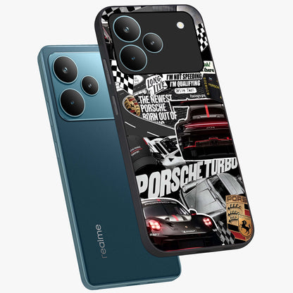 Porsche Racing Collage Glass Case displayed in angled mockup highlighting dynamic automotive design with bold racing aesthetic.