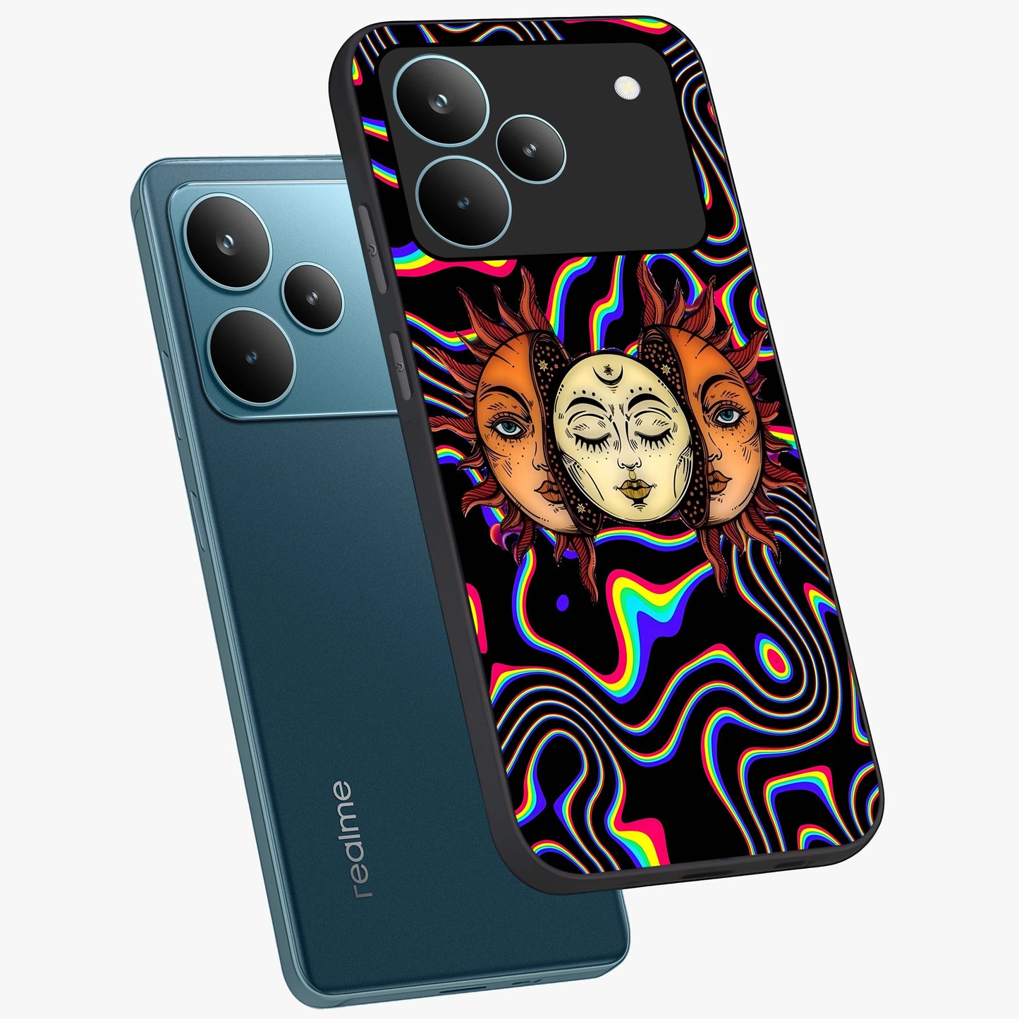 Psychedelic Sun Glass Case displayed in angled mockup highlighting vibrant abstract sun design with artistic aesthetic style.
