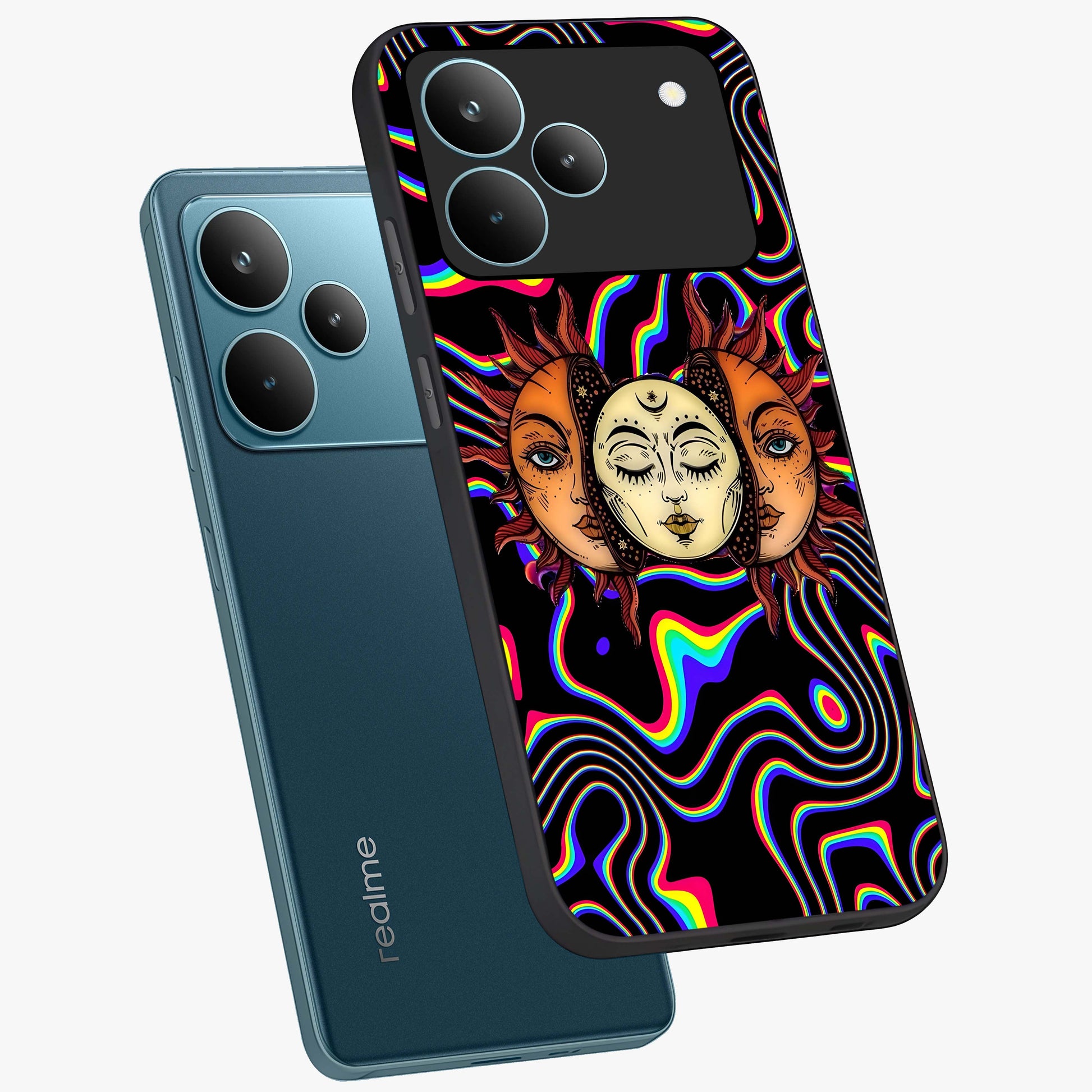 Psychedelic Sun Glass Case displayed in angled mockup highlighting vibrant abstract sun design with artistic aesthetic style.