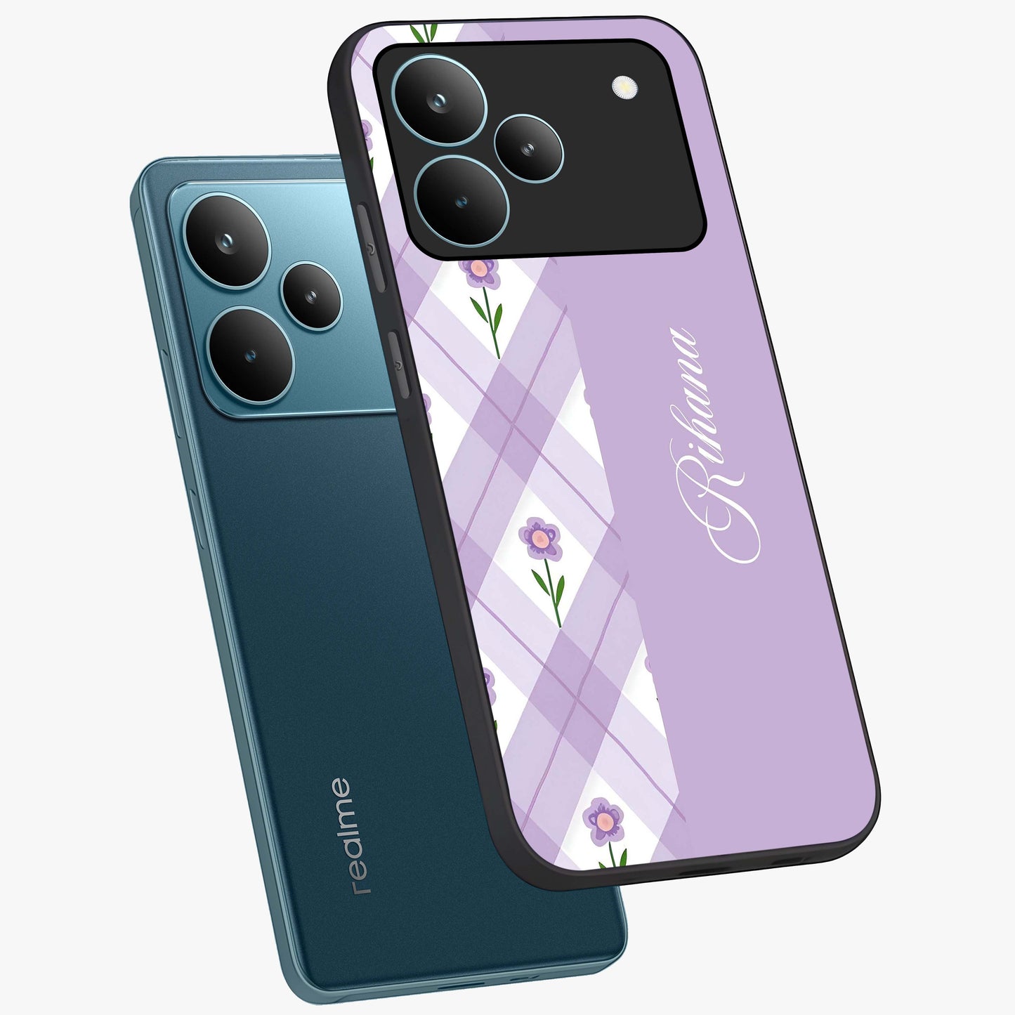 Purple Diamond Floral Glass Case displayed in angled mockup highlighting elegant purple flower design with decorative pattern.