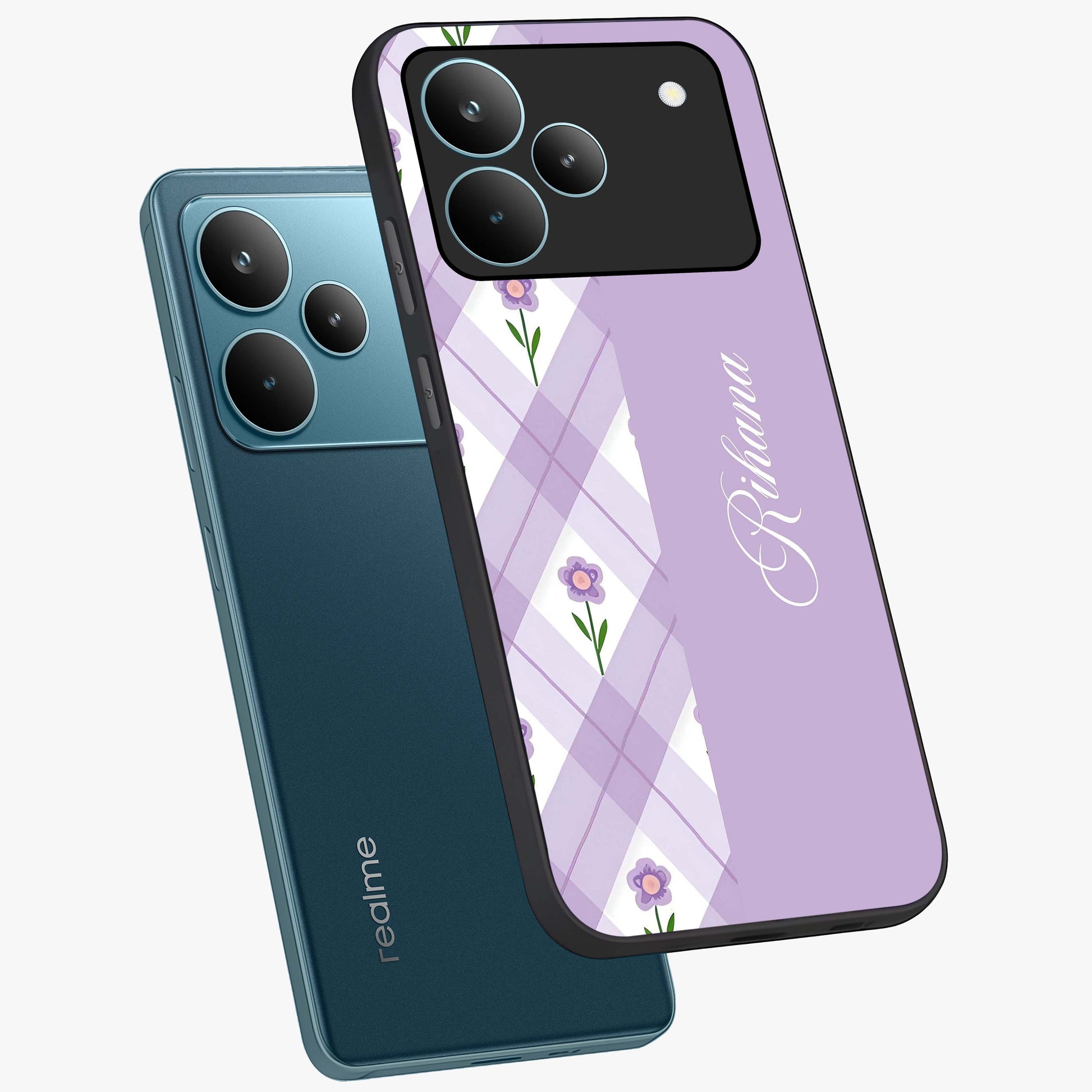 Purple Diamond Floral Glass Case displayed in angled mockup highlighting elegant purple flower design with decorative pattern.