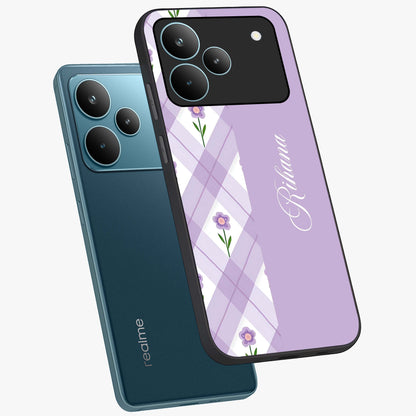 Purple Diamond Floral Glass Case displayed in angled mockup highlighting elegant purple flower design with decorative pattern.