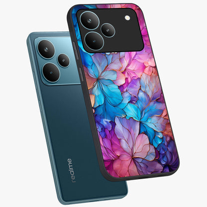 Radiant Floral Whirl Glass Case displayed in angled mockup highlighting vibrant flower pattern with dynamic artistic aesthetic.