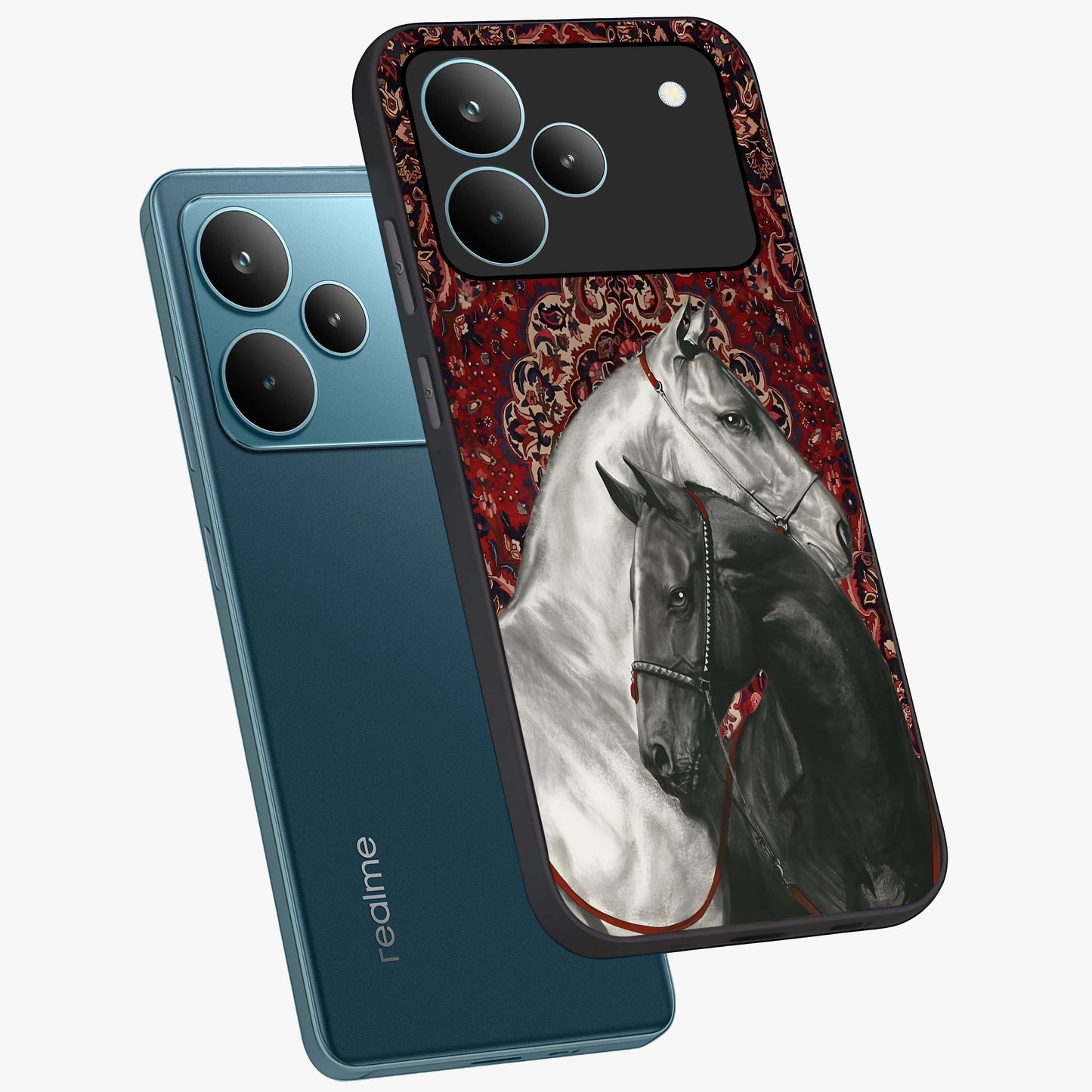 Regal Stallion Tapestry Glass Case displayed in angled mockup highlighting royal stallion design with decorative heritage aesthetic.