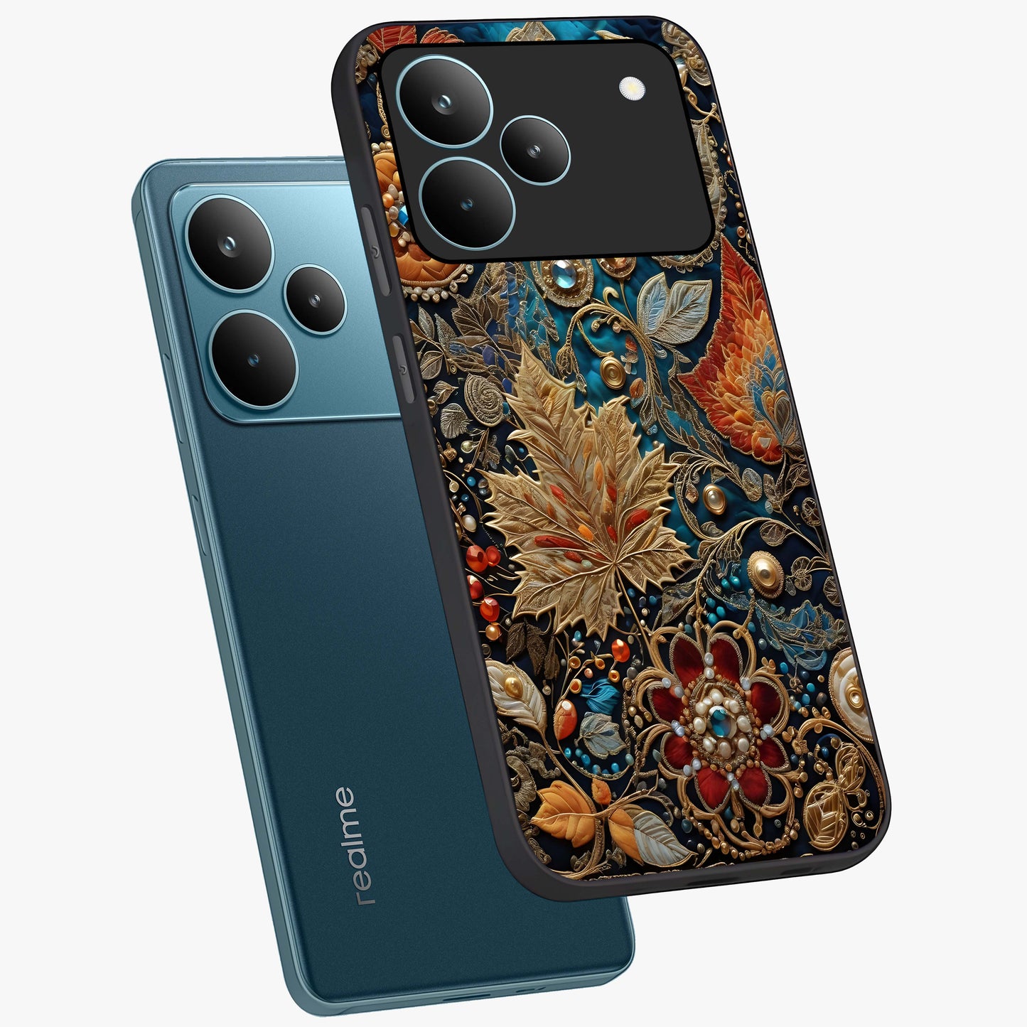 Royal Jewel Garden Glass Case displayed in angled mockup highlighting vibrant jewel inspired floral design with elegant aesthetic.