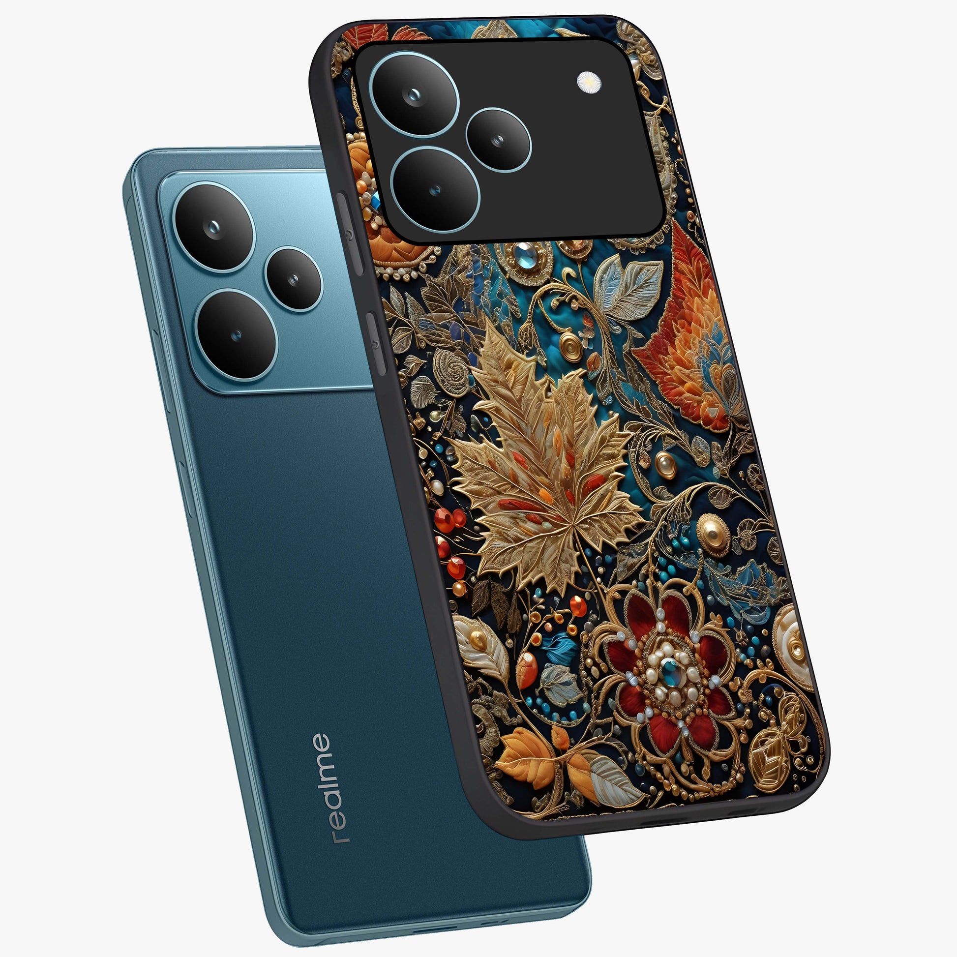 Royal Jewel Garden Glass Case displayed in angled mockup highlighting vibrant jewel inspired floral design with elegant aesthetic.