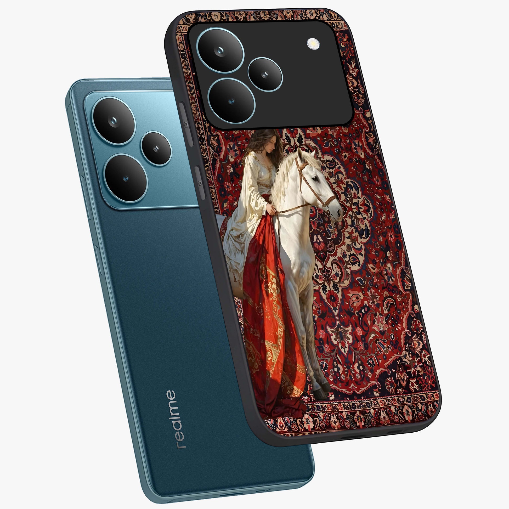 Royal Rider Tapestry Glass Case displayed in angled mockup highlighting traditional tapestry design with royal heritage aesthetic.