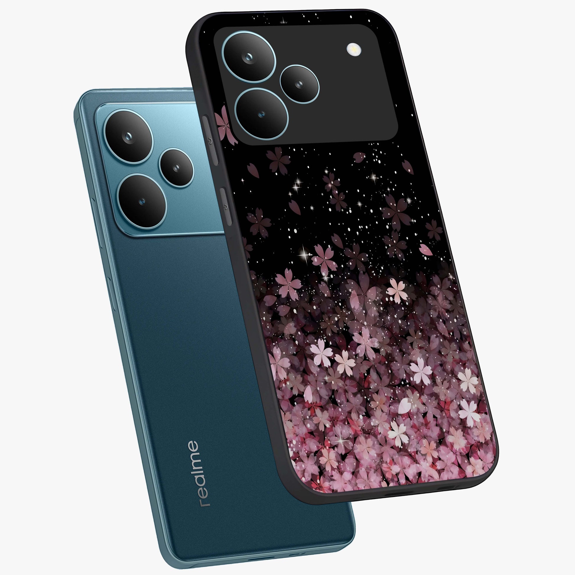 Small Starry Flowers Glass Case displayed in angled mockup highlighting tiny flower pattern with celestial aesthetic style.