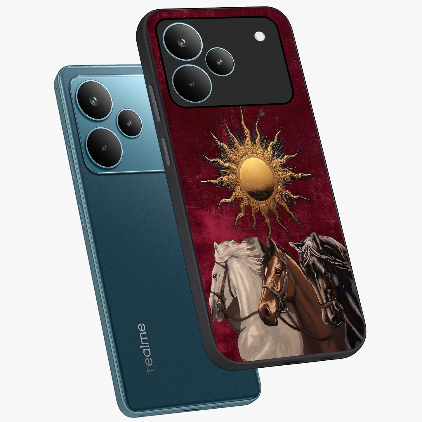 Solar Riders Glass Case displayed in angled mockup highlighting powerful rider illustration with radiant solar aesthetic.