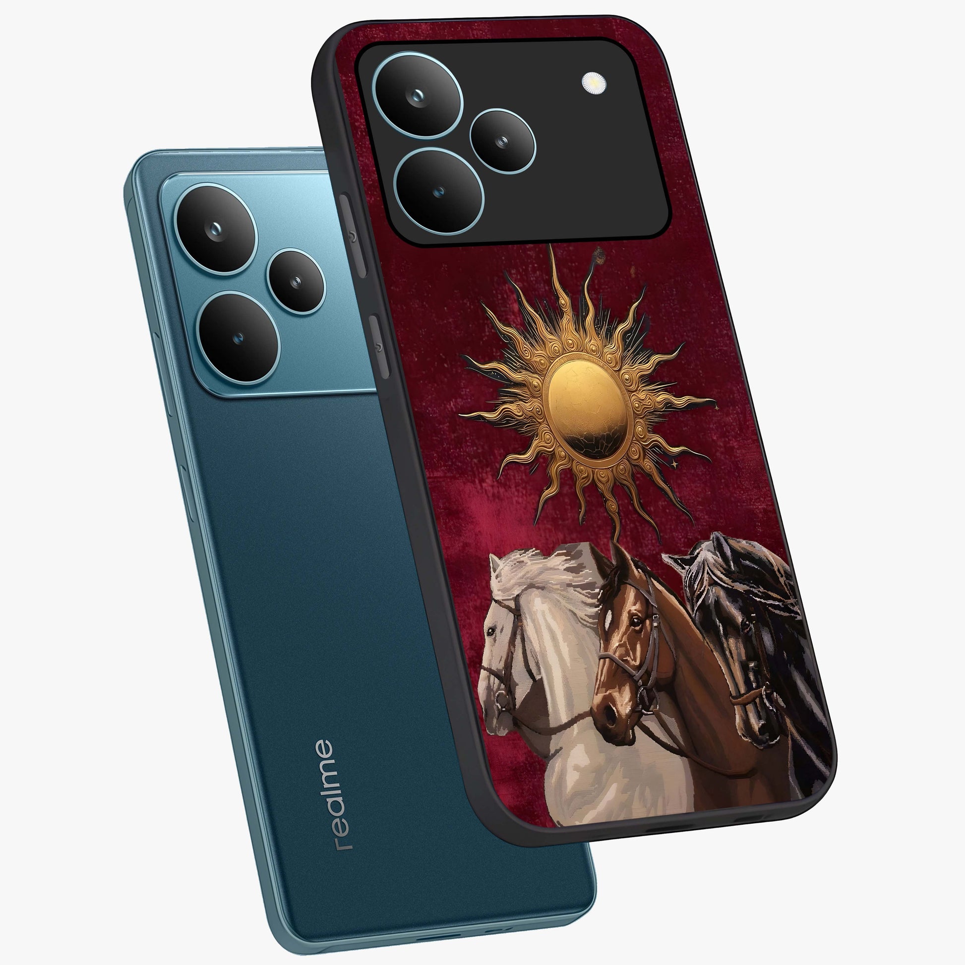 Solar Riders Glass Case displayed in angled mockup highlighting powerful rider illustration with radiant solar aesthetic.