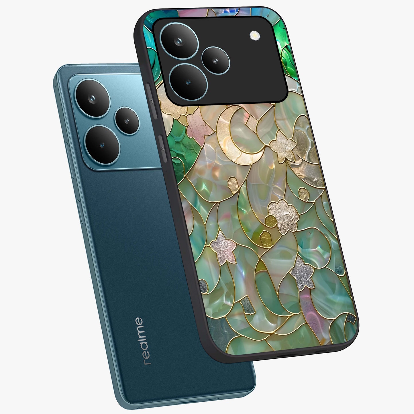 Stained Sunrise Glow Glass Case displayed in angled mockup highlighting radiant sunrise design with artistic aesthetic style.