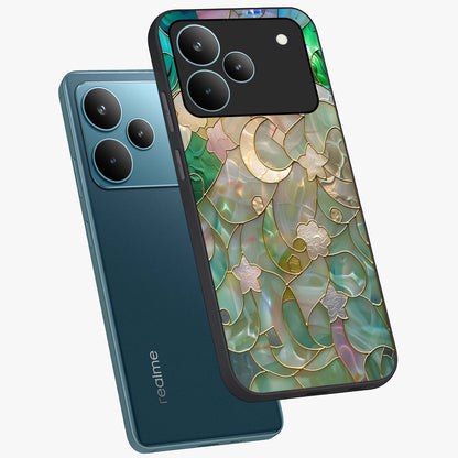 Stained Sunrise Glow Glass Case displayed in angled mockup highlighting radiant sunrise design with artistic aesthetic style.