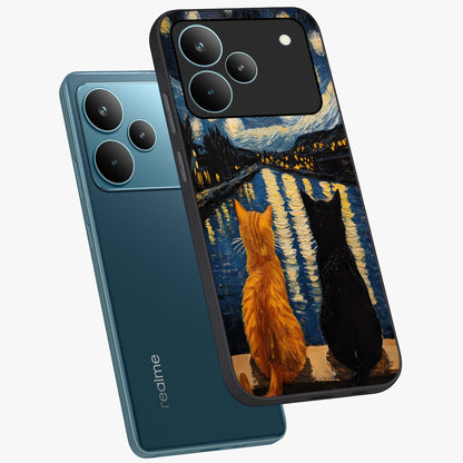 Starry River Cats Glass Case displayed in angled mockup highlighting charming feline illustration with dreamy night aesthetic.