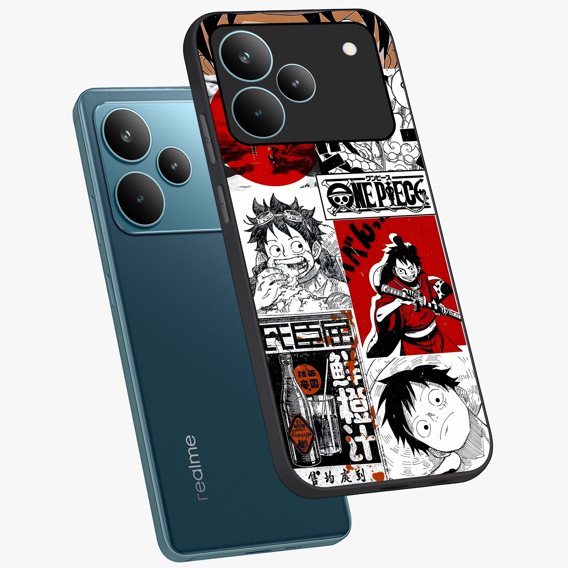 Strawhat Chaos Panels Glass Case displayed in angled mockup highlighting vibrant anime collage design with action aesthetic.