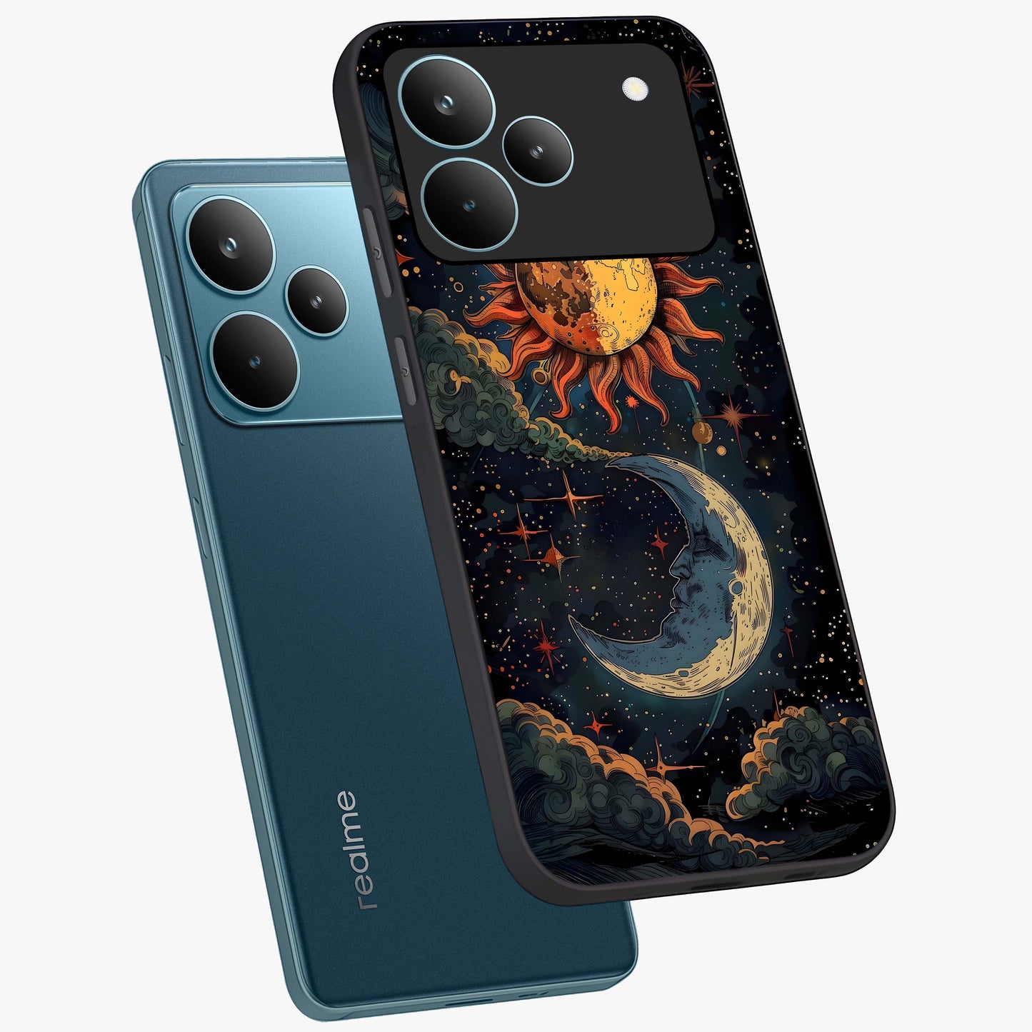 Sun And Moon Magic Design Glass Case displayed in angled mockup highlighting celestial design with magical cosmic aesthetic.