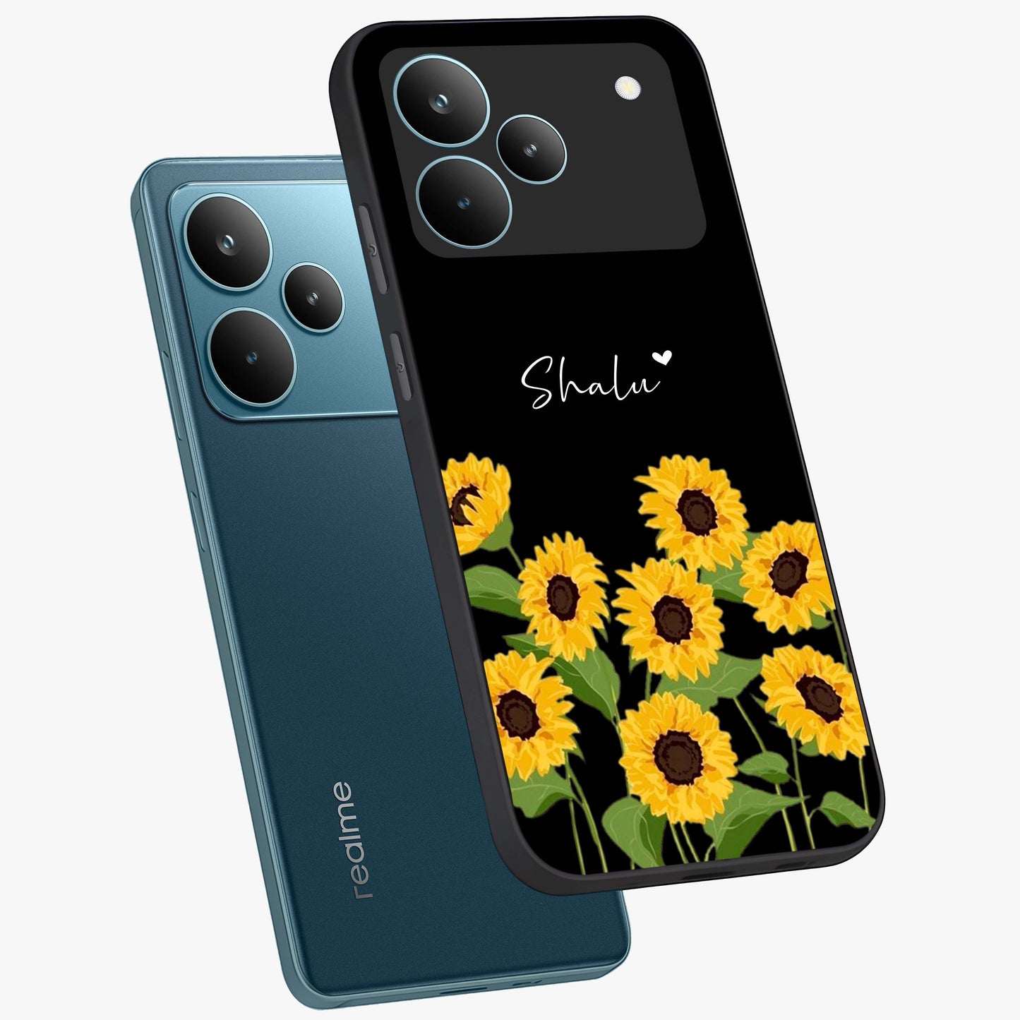 Sunflower Chic Mood Custom Name Glass Case displayed in angled mockup highlighting vibrant sunflower design with custom name feature.