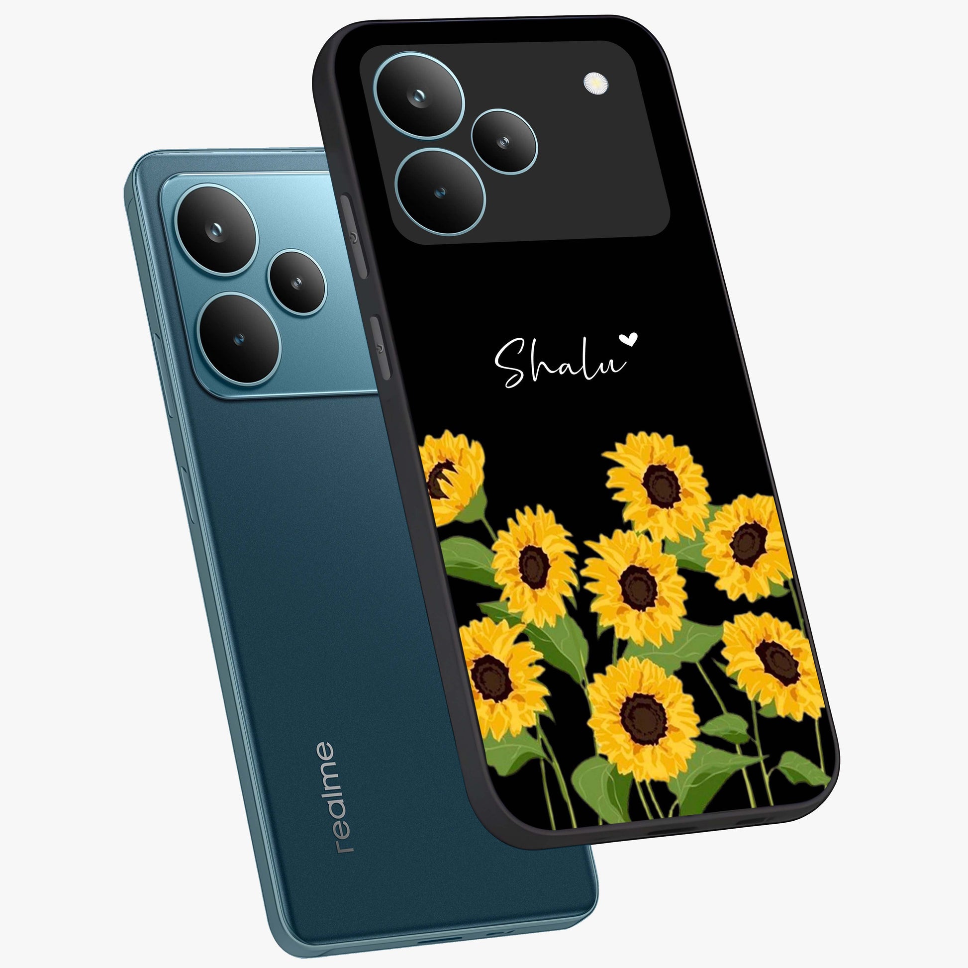 Sunflower Chic Mood Custom Name Glass Case displayed in angled mockup highlighting vibrant sunflower design with custom name feature.