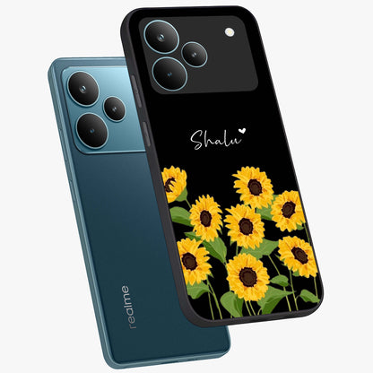 Sunflower Chic Mood Custom Name Glass Case displayed in angled mockup highlighting vibrant sunflower design with custom name feature.
