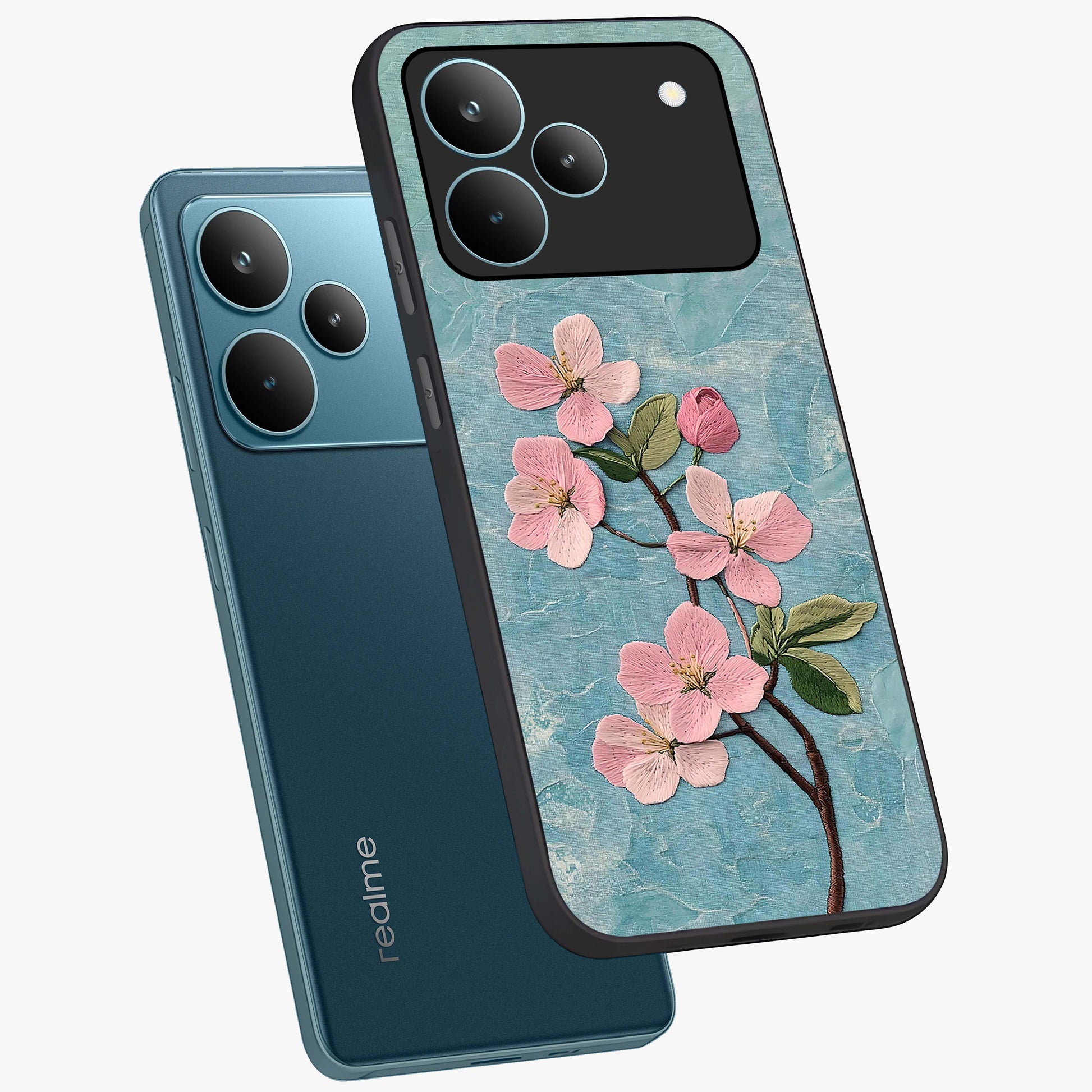 Threaded Blossom Breeze Glass Case displayed in angled mockup highlighting elegant floral design with soft aesthetic style.