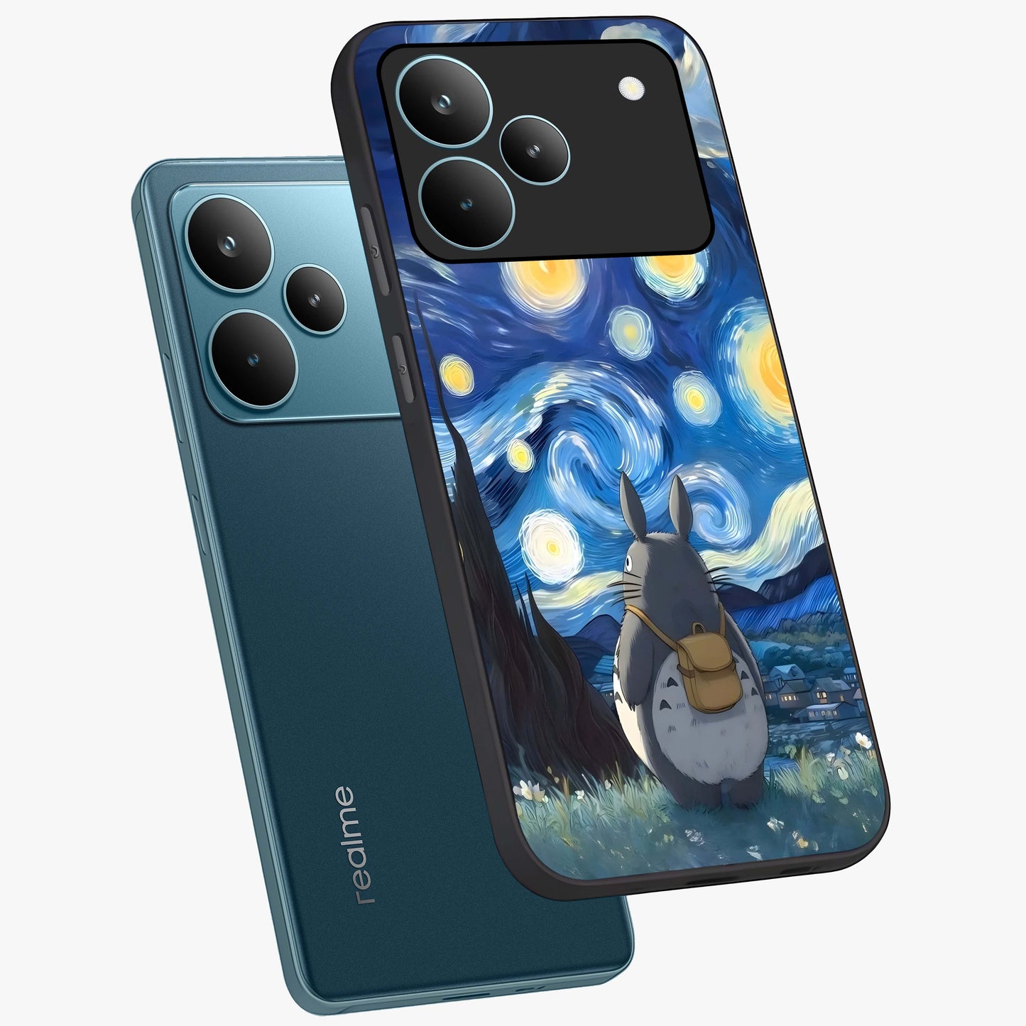 Totoro In Van Gogh Art Glass Case displayed in angled mockup highlighting artistic swirling sky design with playful animation aesthetic.