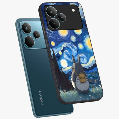 Totoro In Van Gogh Art Glass Case displayed in angled mockup highlighting artistic swirling sky design with playful animation aesthetic.
