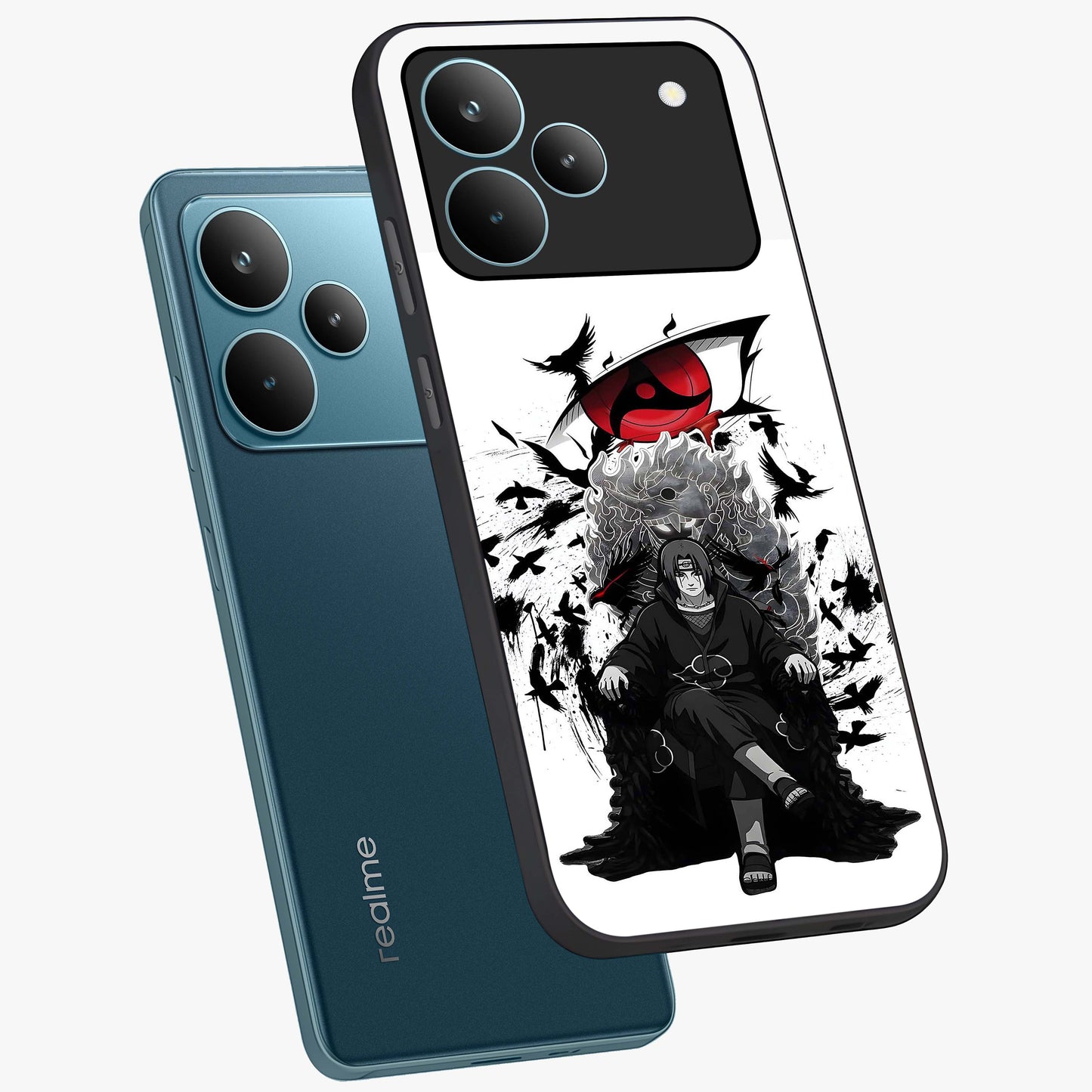 Uchiha Shadow Throne Glass Case displayed in angled mockup highlighting glowing aquatic design with celestial aesthetic.