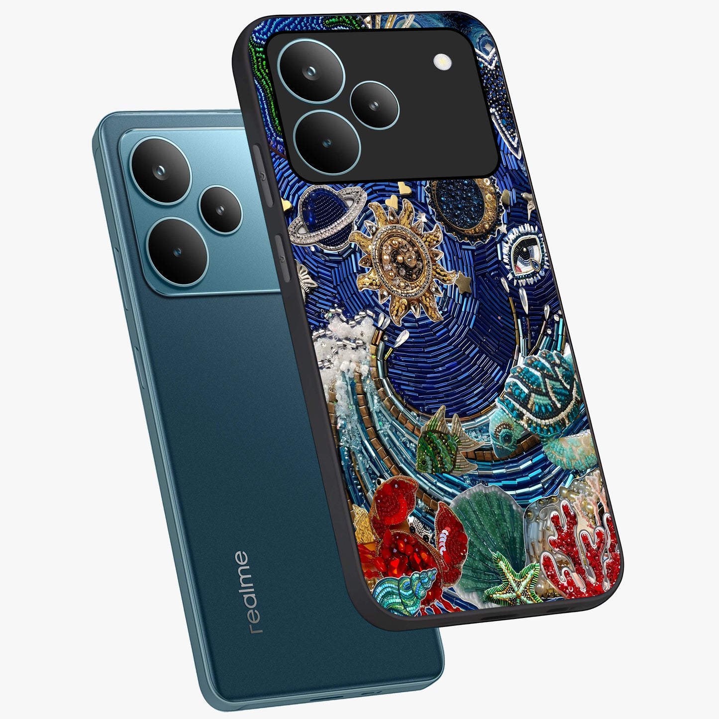 Universe Underwater Spark Glass Case displayed in angled mockup highlighting glowing aquatic design with celestial aesthetic.