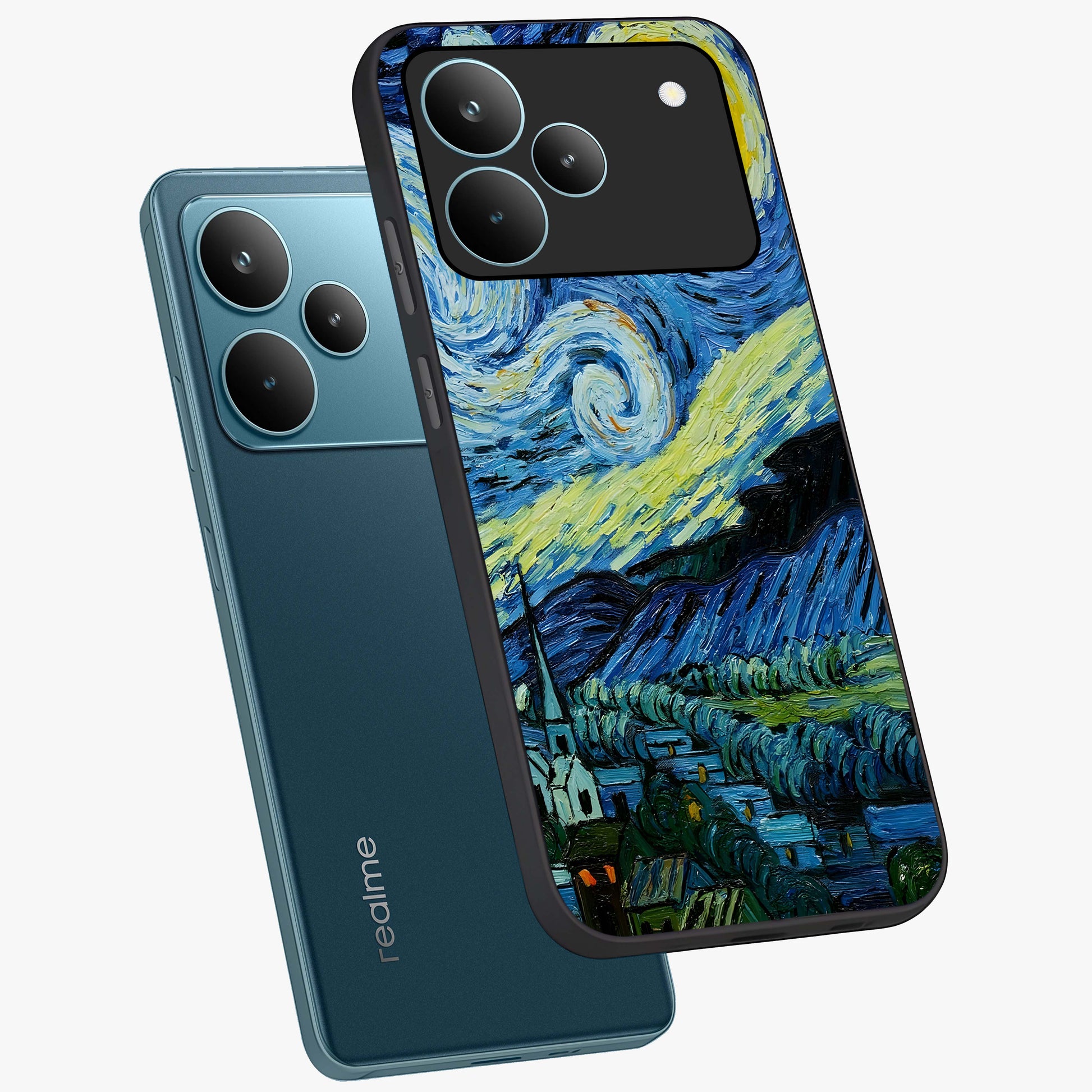 Van Gogh Art Glass Case displayed in angled mockup highlighting swirling brushstroke design with artistic aesthetic.
