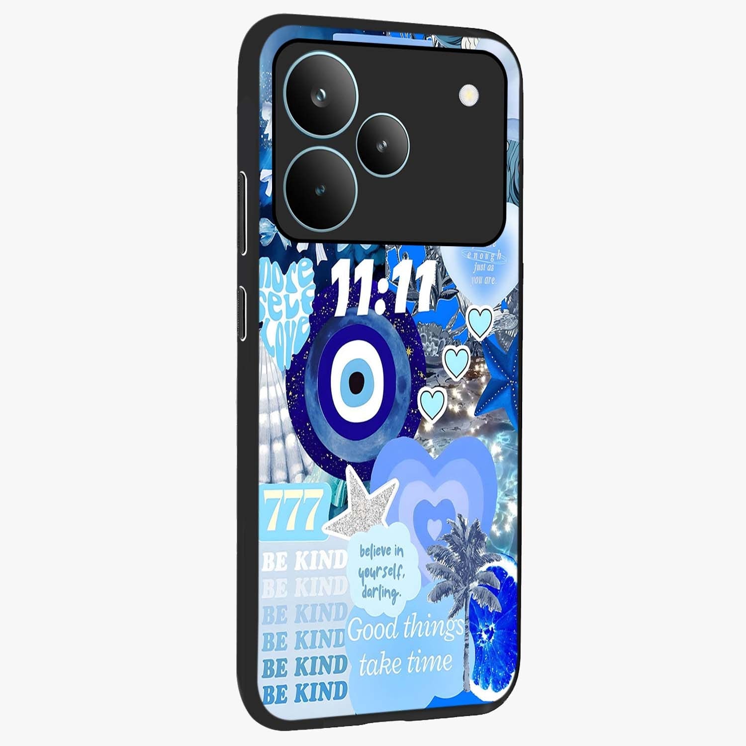 Aesthetic Be Kind Eye Glass Case upright view showcasing stylish eye illustration with positive message theme.